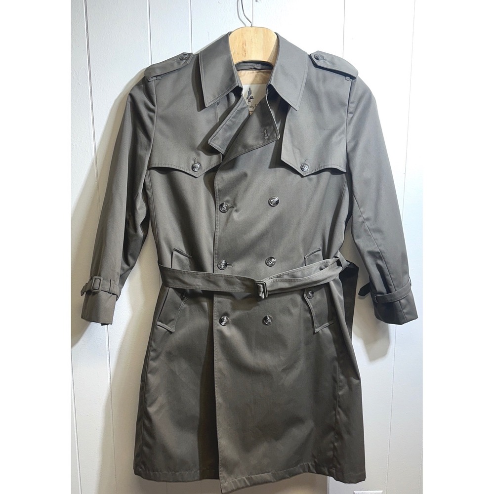 Misty Harbor Mens Double Breasted Trench Coat Olive Green Removable Liner Belted